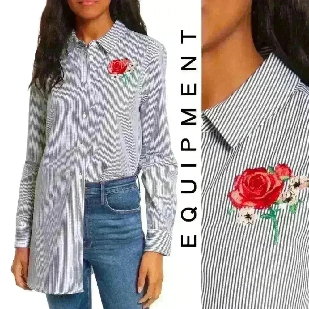 NWT Equipment Carmine Rose Embroidered Striped Tunic Button Down Top